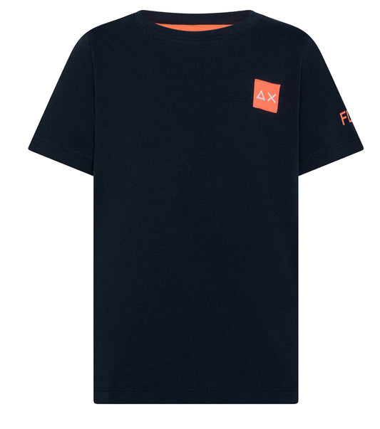 t-shirt blu dettagli fluo