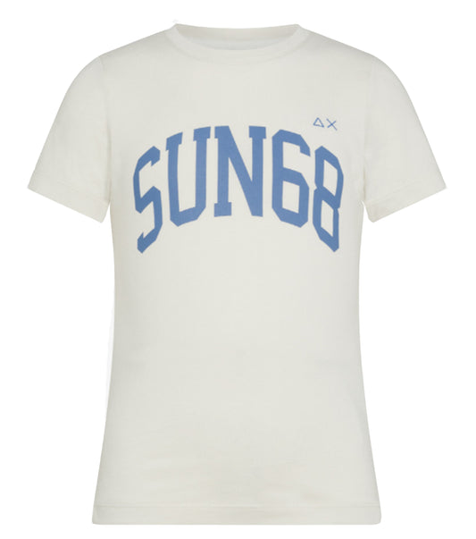 t-shirt bianca con logo celeste sun68